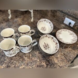 Lot of viral Hobby Lobby brown toile pattern mugs, bowls& salad plates.